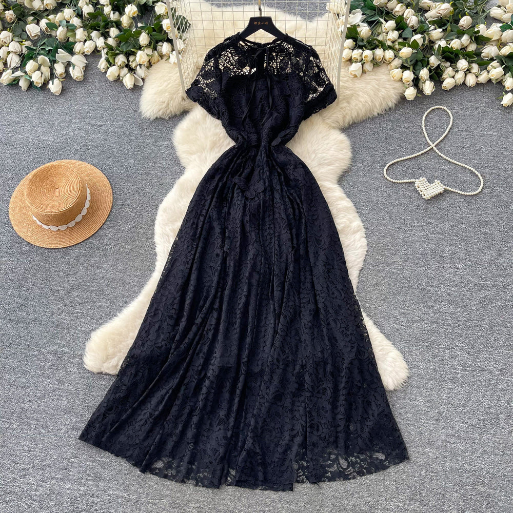 French chic lace cutout dress - women's summer tie-waist a-line elegant maxi dress