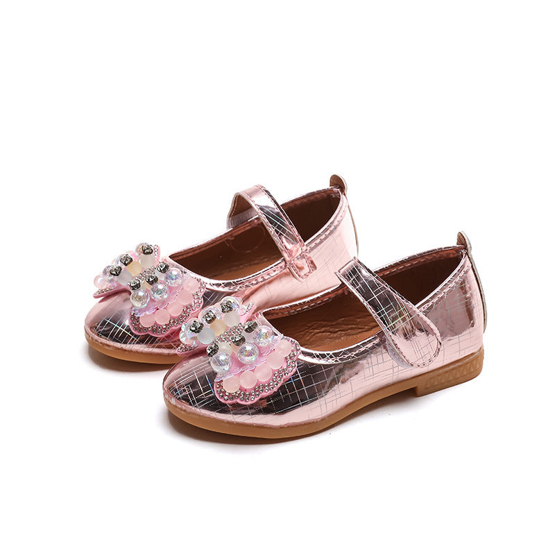 Girls'  spring new bowknot soft sole princess leather shoes for mid-to-large children - wholesale magic tape closure kids' shoes (direct from manufacturer)