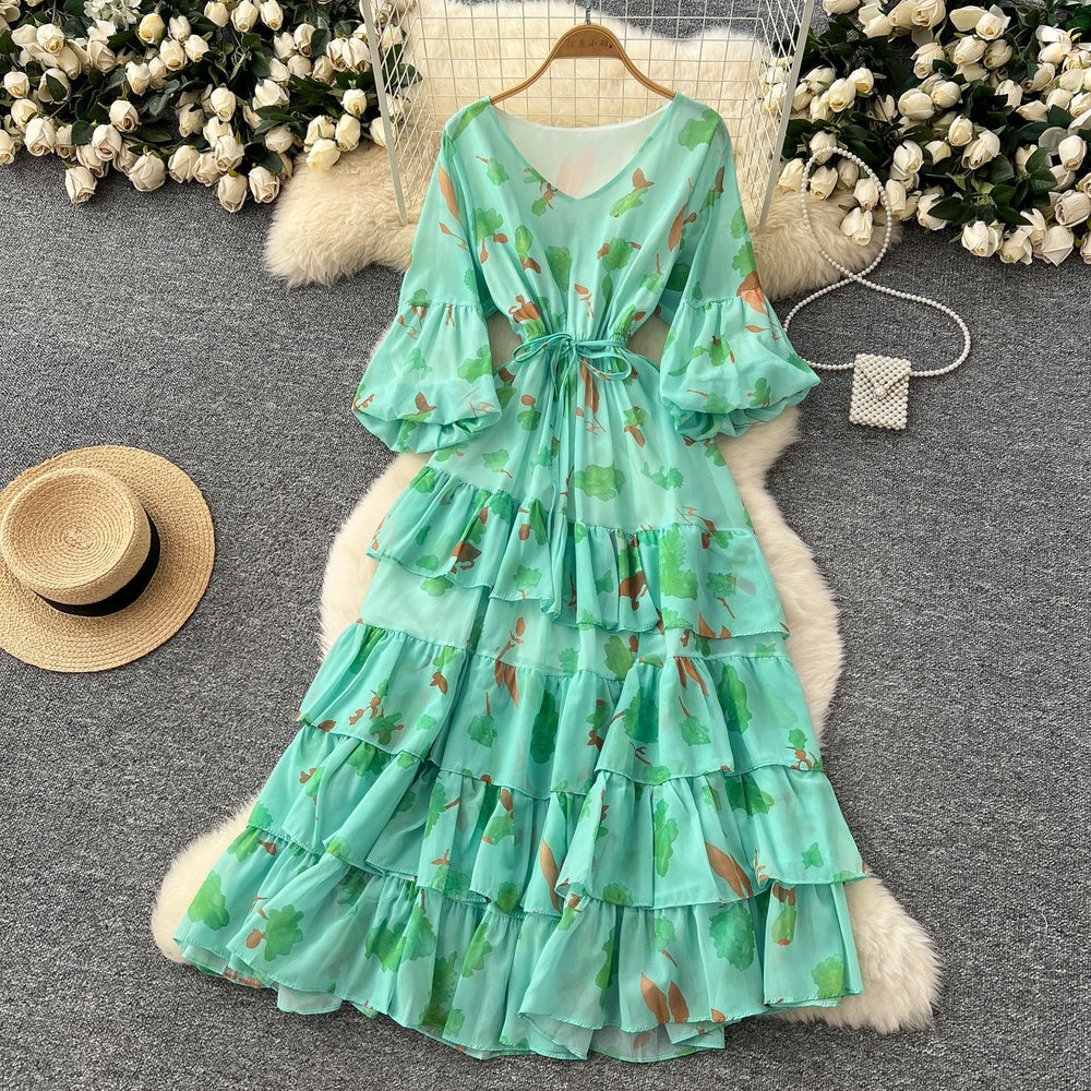 French round neck lantern sleeve drawstring waist printingdress women slimming lookeleganteleganceruffles chiffon long skirt