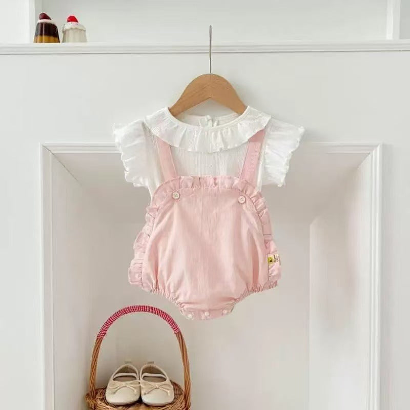 Baby girl summer lightweight romper outfit, floral print bodysuit, infant short-sleeve romper, stylish four-piece set
