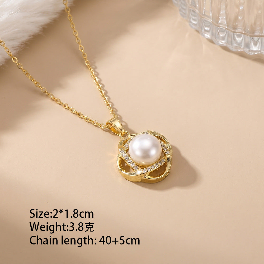 European and american hot-selling fashion zircon pearl necklace for women, lightweight luxury, niche, versatile, elegant, fashionable titanium steel clavicle chain jewelry