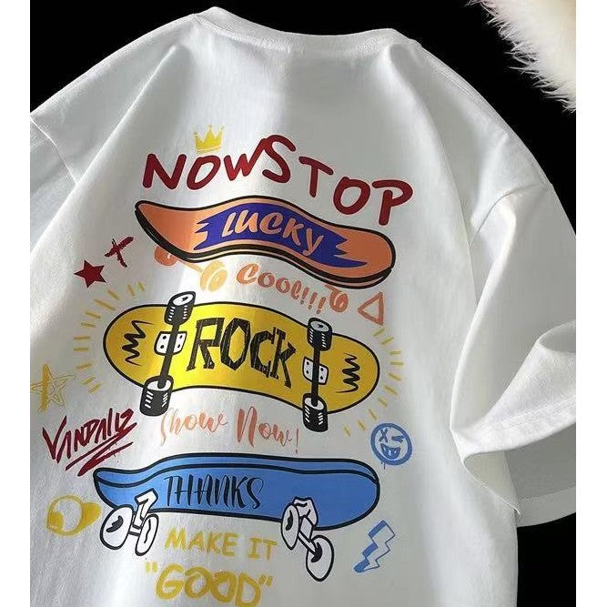 White cotton boys' short-sleeve t-shirt, summer  new arrival, loose fit, casual cartoon print, kids' half-sleeve tee 002