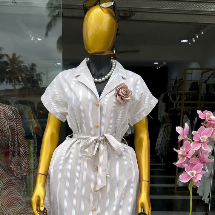 European and american cross-border women's fashion:  summer new arrival - elegant striped turn-down collar short-sleeve tie-waist shirt dress for women