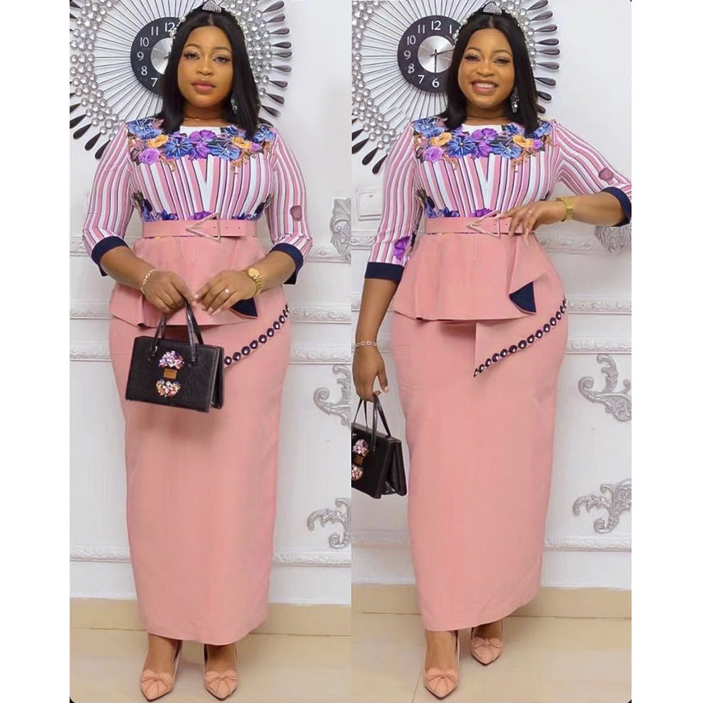 African plus size  spring style printing high waistslimming look hip-covering asymmetricalruffleswork clothingdress wholesale
