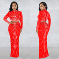 C6028 cross-border   fashion women's mesh rhinestone see-through long sleeve maxi dress two-piece set