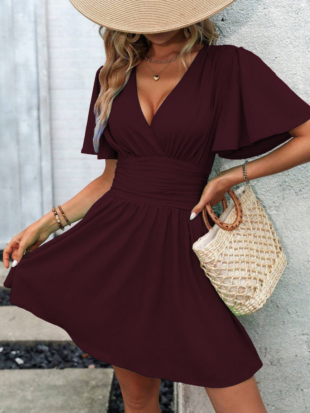 Summer new arrival: deep v-neck ruffle sleeve solid color shirred dress