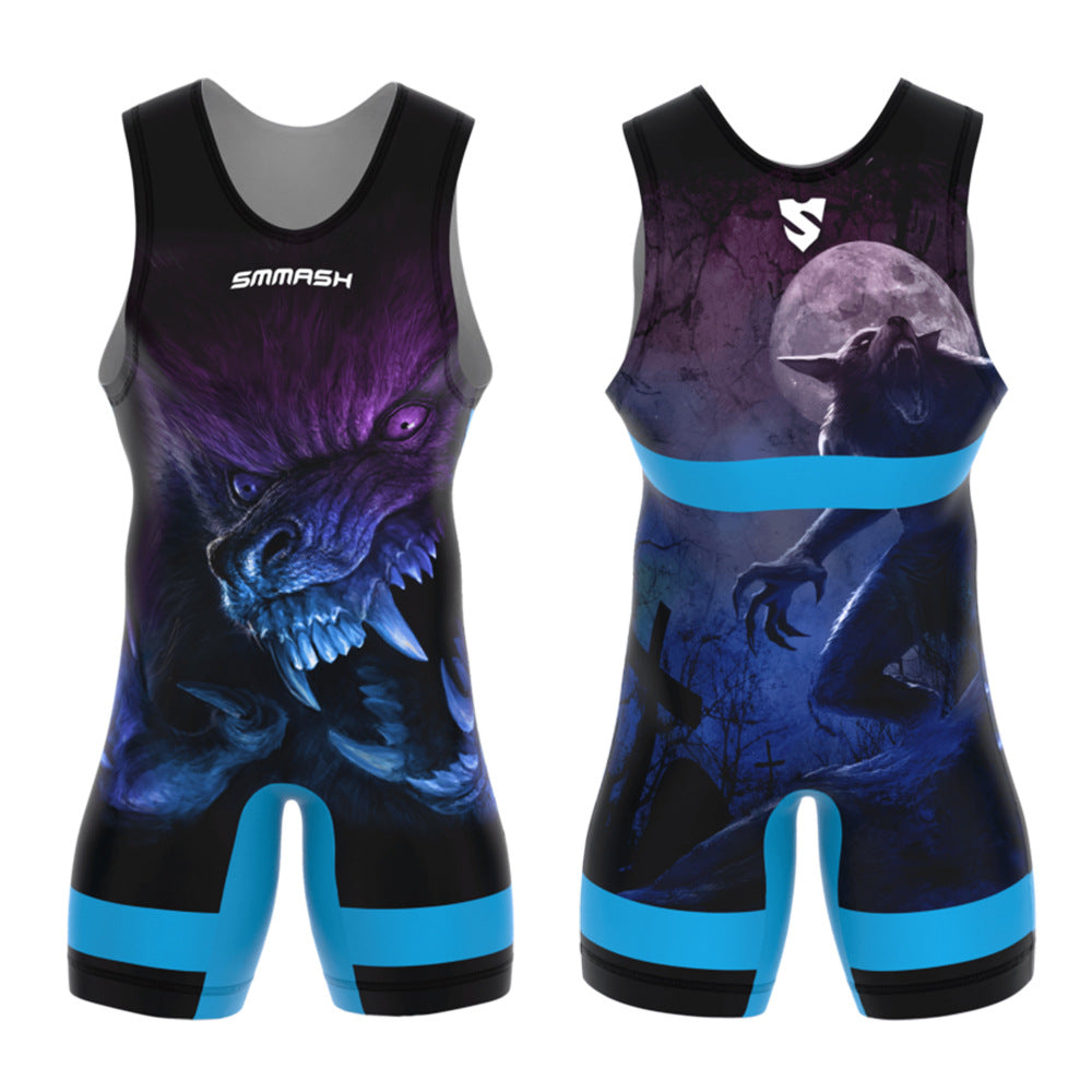 Sublimation full body print men's one-piece wrestling suit custom match weightlifting suit men's and women's free wrestling one-piece vest