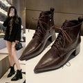 fall/winter new retro lace-up ankle boots pointed toe side zipper mid-heel chunky heel fashion boots women's boots plus size