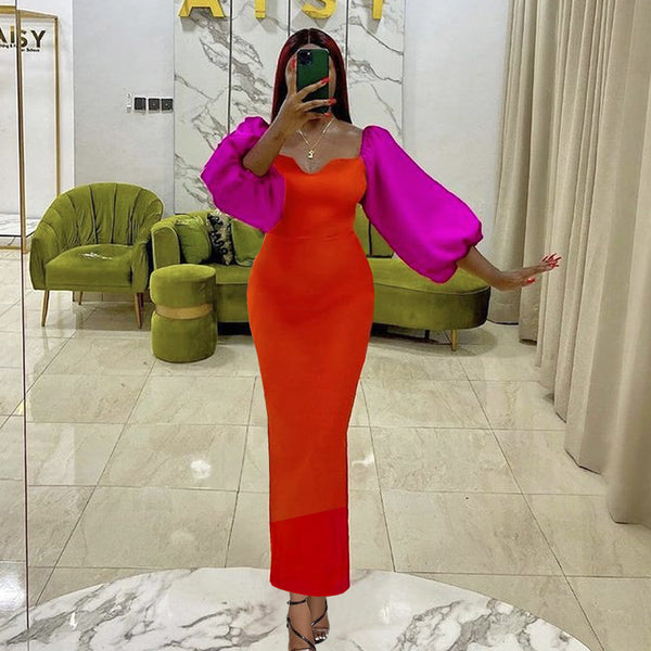 Sexy tube top halter lantern sleeves contrasting high waist party banquet clothes, women's dress party dress