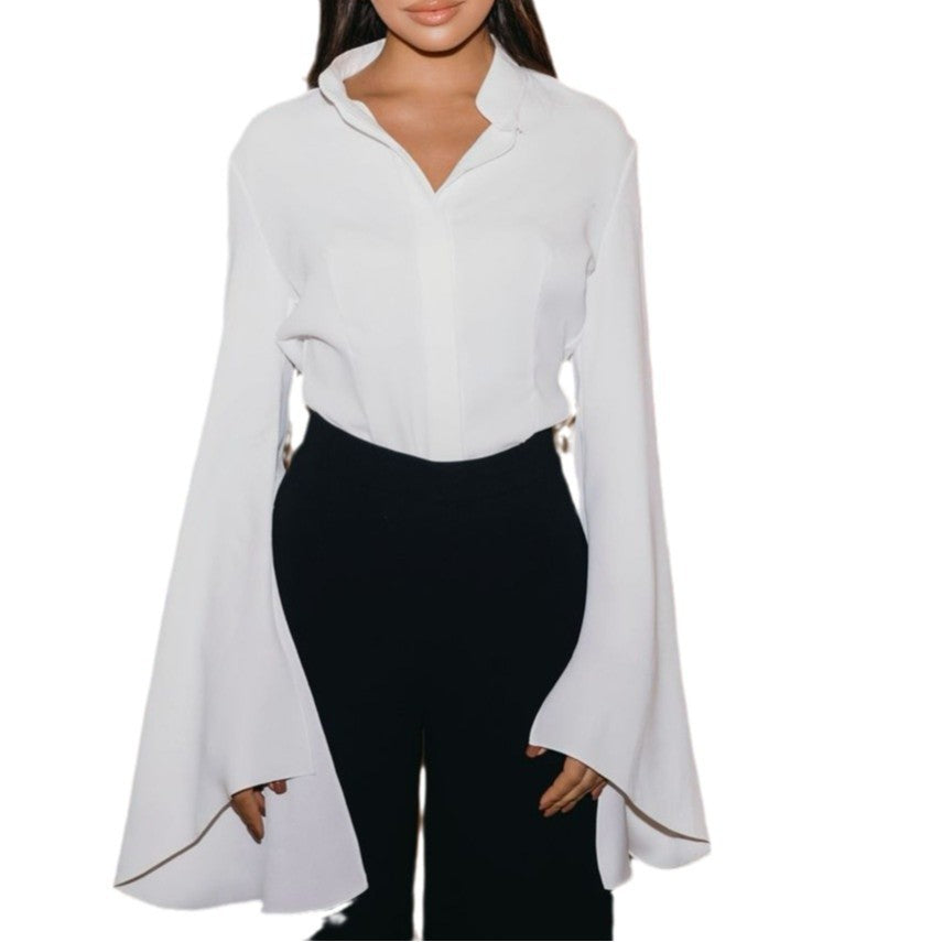 European and American  2025 spring temperament simple casual horn long sleeve white loose elegant shirt cardigan top
