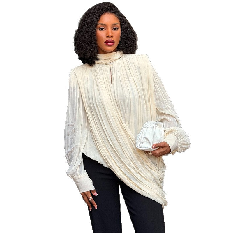 European and american cross-border women's fashion:  summer new arrivals - stylish, unique, pleated, loose-fit long sleeve shirt top