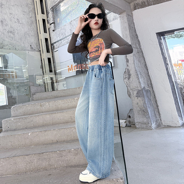 Girls' light wash denim wide leg pants - spring  new collection - stylish kids' and big girls' straight leg trousers - spring/autumn style
