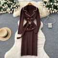 French chic color block double-breasted knit dress with tie waist and long sleeves - women's sweater maxi dress