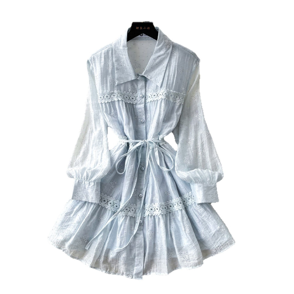 Frenchretro lapel strap waist dress women's spring autum mint green lacepatchwork a-line skirt work clothing
