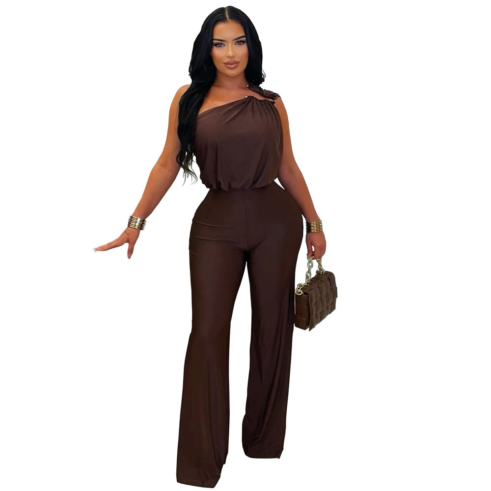 C7578 cross-border   fashion women's casual one-shoulder sleeveless bodycon wide-leg jumpsuit