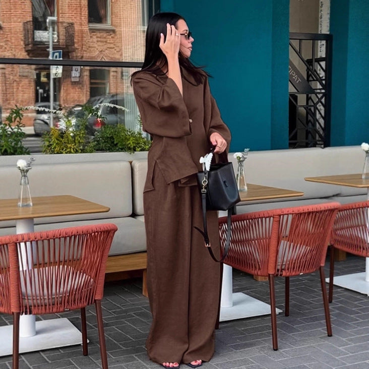 European and American  fashion loose brown cotton and linen suit women's 2025 autumn simple cardigan trousers two-piece women's clothing
