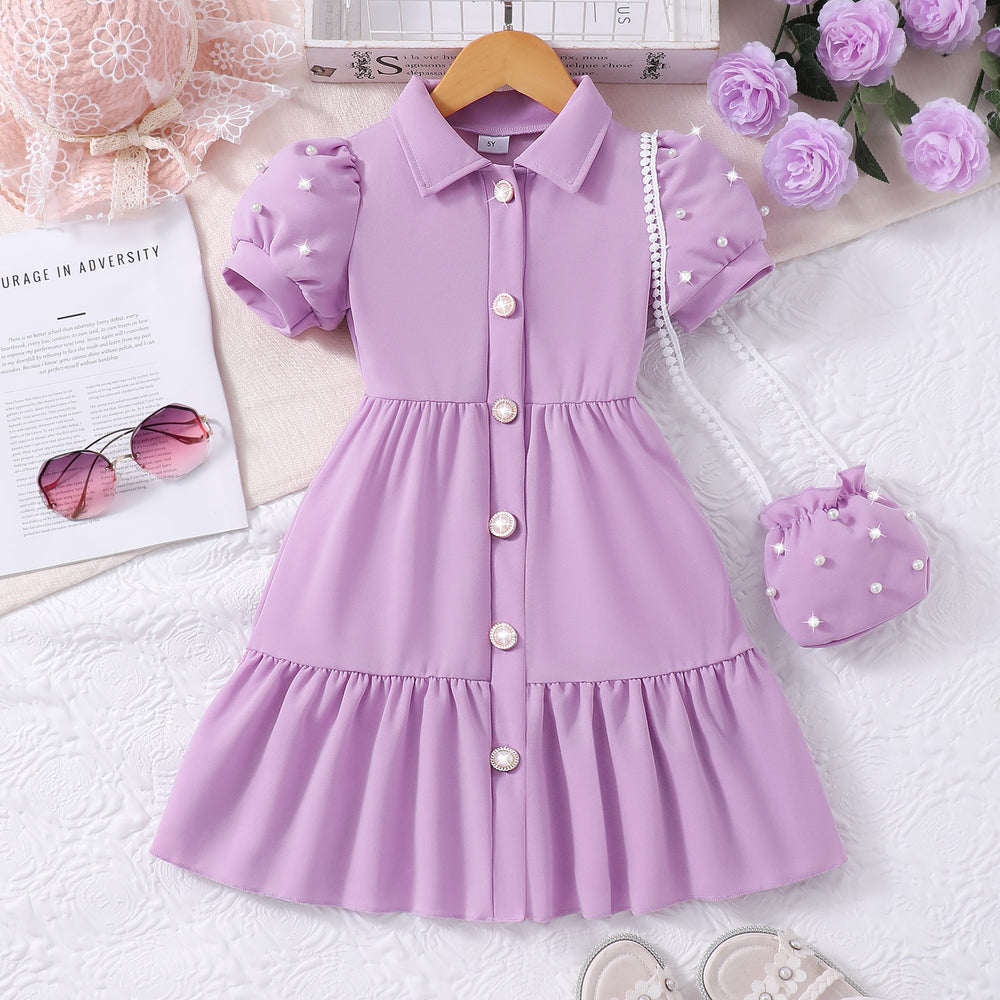 Girls' dress, solid color dress with pearl sleeves + pearl crossbody bag