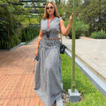European and american women's clothing  summer new sweet and fresh plaid round neck cinched waist shirt and high-waisted midi skirt two-piece set