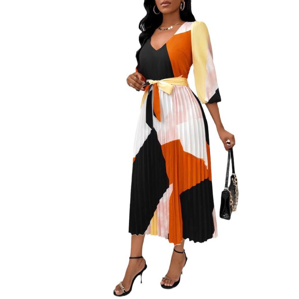 European and american style women's fashion:  autumn new arrival - three-quarter sleeve v-neck tie-up color block long pleated dress