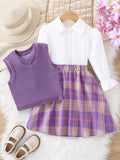 girl skirt suitk-style dark purple knitting vest plaid skirt doll collar shirt preppy style three-piece set