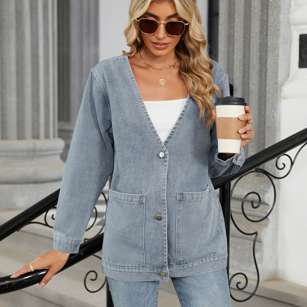 Wish european and american cross-border women's clothing autumnew arrival  independent station washed long sleeves v neck denim outweartops