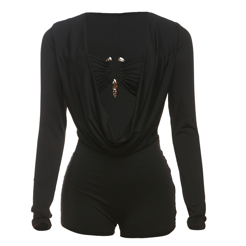 European and american style  spring/summer new arrivals: edgy streetwear sexy hot girl deep v low-cut solid color slim-fit jumpsuit