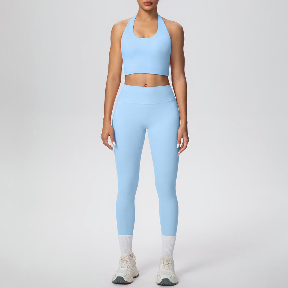 New arrival cross-border pure color double-sided brushed halter nine-point pants yoga suit sports running fitness two-piece set for women