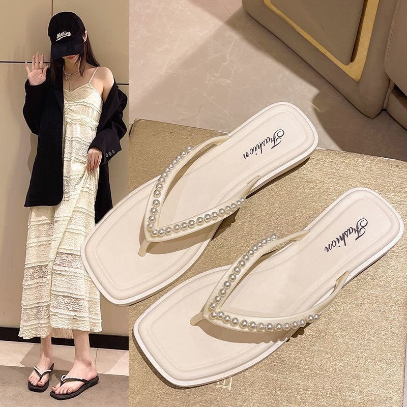 French riviera style pearl flip-flops - women's summer fashion, soft sole, lightweight beach sandals with rhinestone detail