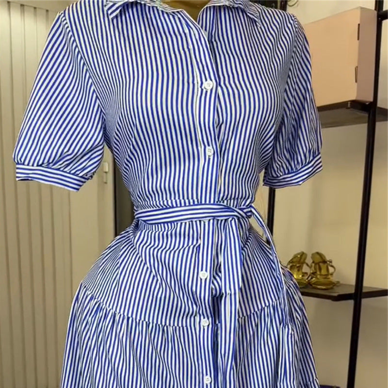 European and american women's clothing  autumn new sweet and fresh striped turn-down collar high-waisted slimming a-line maxi dress