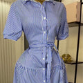 European and american women's clothing  autumn new sweet and fresh striped turn-down collar high-waisted slimming a-line maxi dress