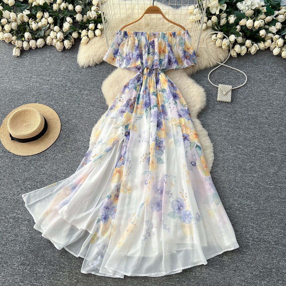 Vacation-style off-the-shoulder ruffle print dress - women's spring/summer korean high-waisted slimming elegant maxi dress