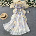 Vacation-style off-the-shoulder ruffle print dress - women's spring/summer korean high-waisted slimming elegant maxi dress