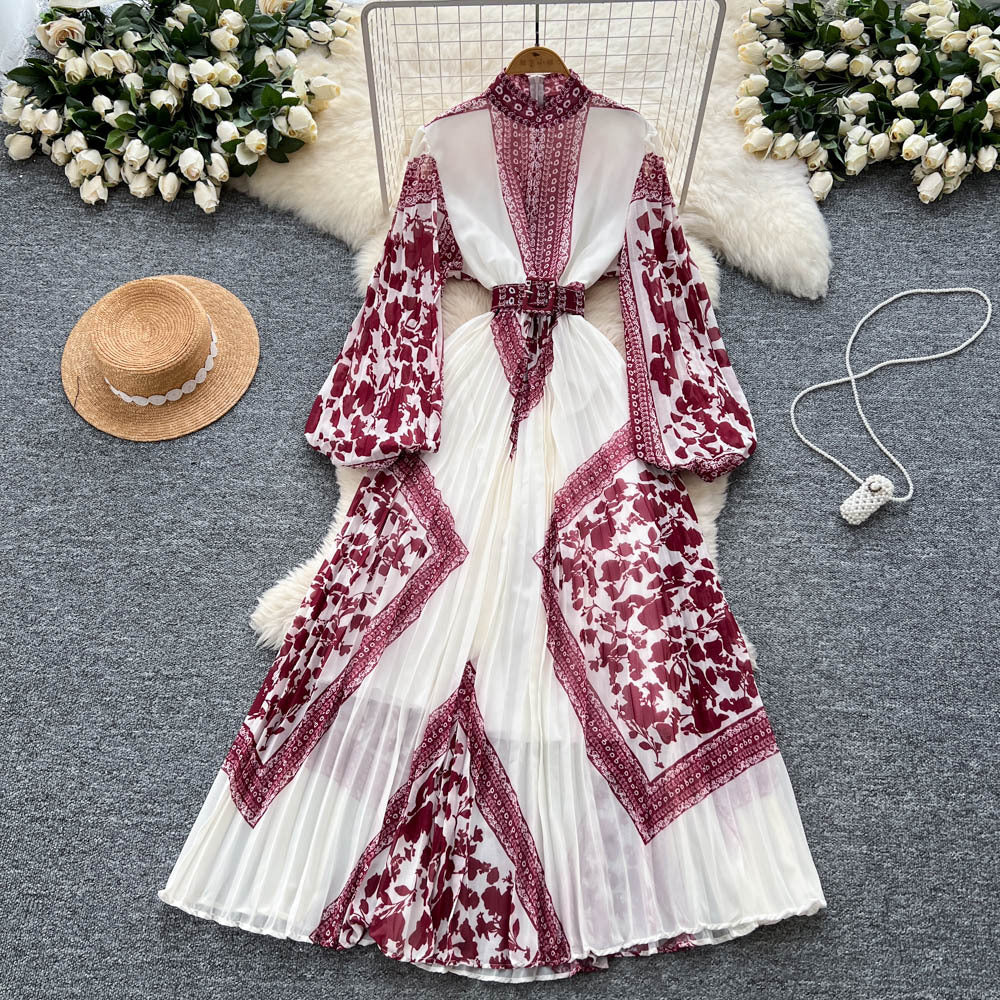 High-end elegant women's dress  new french style tie-waist lantern sleeve placement print pleated maxi dress