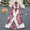 High-end elegant women's dress  new french style tie-waist lantern sleeve placement print pleated maxi dress