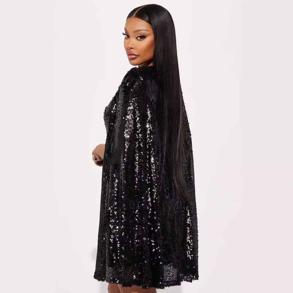 2025 spring new amazon fashion stand collar sequin dress - european & american style, loose fit women's mini dress