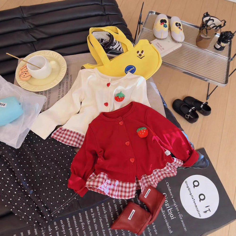 【dropshipping】 autumn new arrivals: adorable girls' strawberry plaid lace-trimmed skirted cardigan top