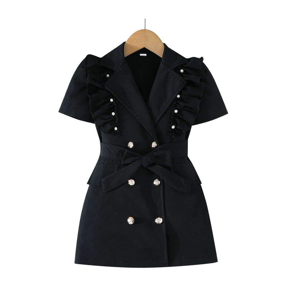 new girls' blazer collar ruffle trim dress - summer black double-breasted tie-waist dress