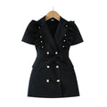 new girls' blazer collar ruffle trim dress - summer black double-breasted tie-waist dress