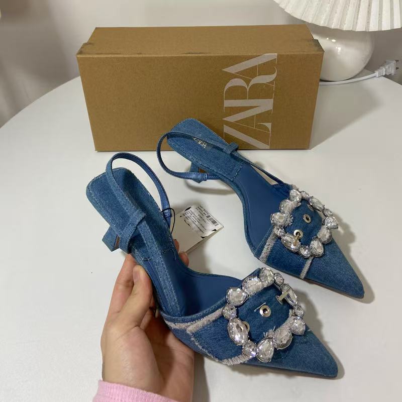 Za high heels women's 2025 new pointed toe blue denim women's shoes rhinestone square buckle decorated stiletto fashion sandals women