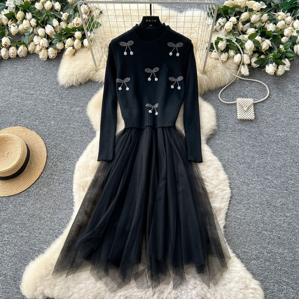 Premium women's fall/winter outfit: cherry rhinestone embellished round neck sleeveless vest + long sleeve knit & mesh panel dress
