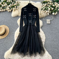 Premium women's fall/winter outfit: cherry rhinestone embellished round neck sleeveless vest + long sleeve knit & mesh panel dress