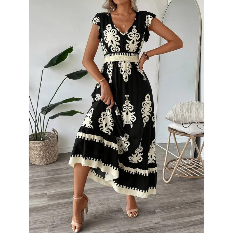 cross-border european and american style beach dress - vacation-inspired printed maxi dress - tiktok/ trend