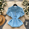 French style v-neck short-sleeve blouse with rhinestone embellishments - women's commute-friendly, loose-fit, single-breasted, waist-defining, slimming, and elegant top