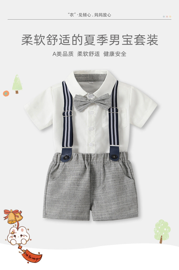 New arrival boys suitnew arrival summer overalls performance clothes baby two-piece set one-year-old preppy style dress
