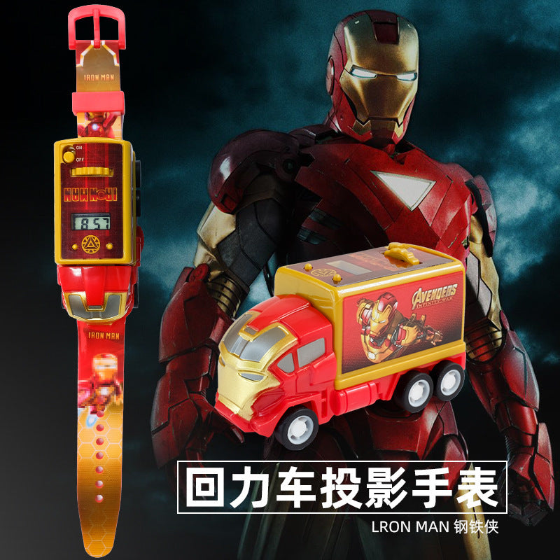 Kids' spider-man inertia pull-back car projector watch - luminous electronic watch gift for preschool and elementary school students