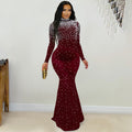 C7622 cross-border   fashion women's elegant high-neck rhinestone and beaded bodycon dress