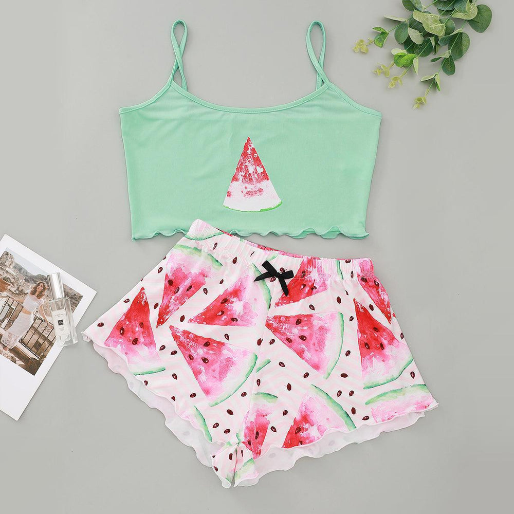 European and american style new women's loungewear set: camisole top and shorts pajamas with watermelon print - cute and trendy