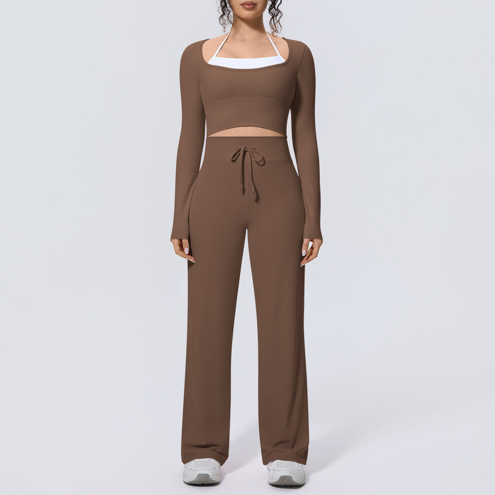 Naked feel quick-drying tight-fitting yoga clothes fake two-piece with chest pad sports long sleeves drawstring wide-leg running fitness suit for women