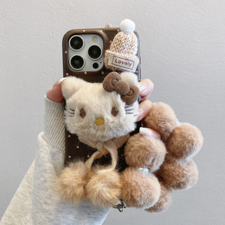 Leather texture apple 16 pro phone case, iphone 13/14 drop-proof, apple 17 plush hat kt design