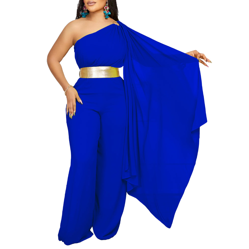 Women's long pants - spring/summer  new arrivals: fashionable and elegant asymmetrical neck, patchwork pleated, high-waisted african jumpsuit for office ladies